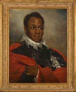 画在金框里的图像. The painting depicts a Black man dressed in a black and red Court dress of Haiti.